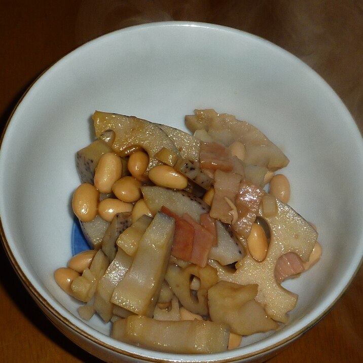 蓮根と大豆のバター醤油炒め